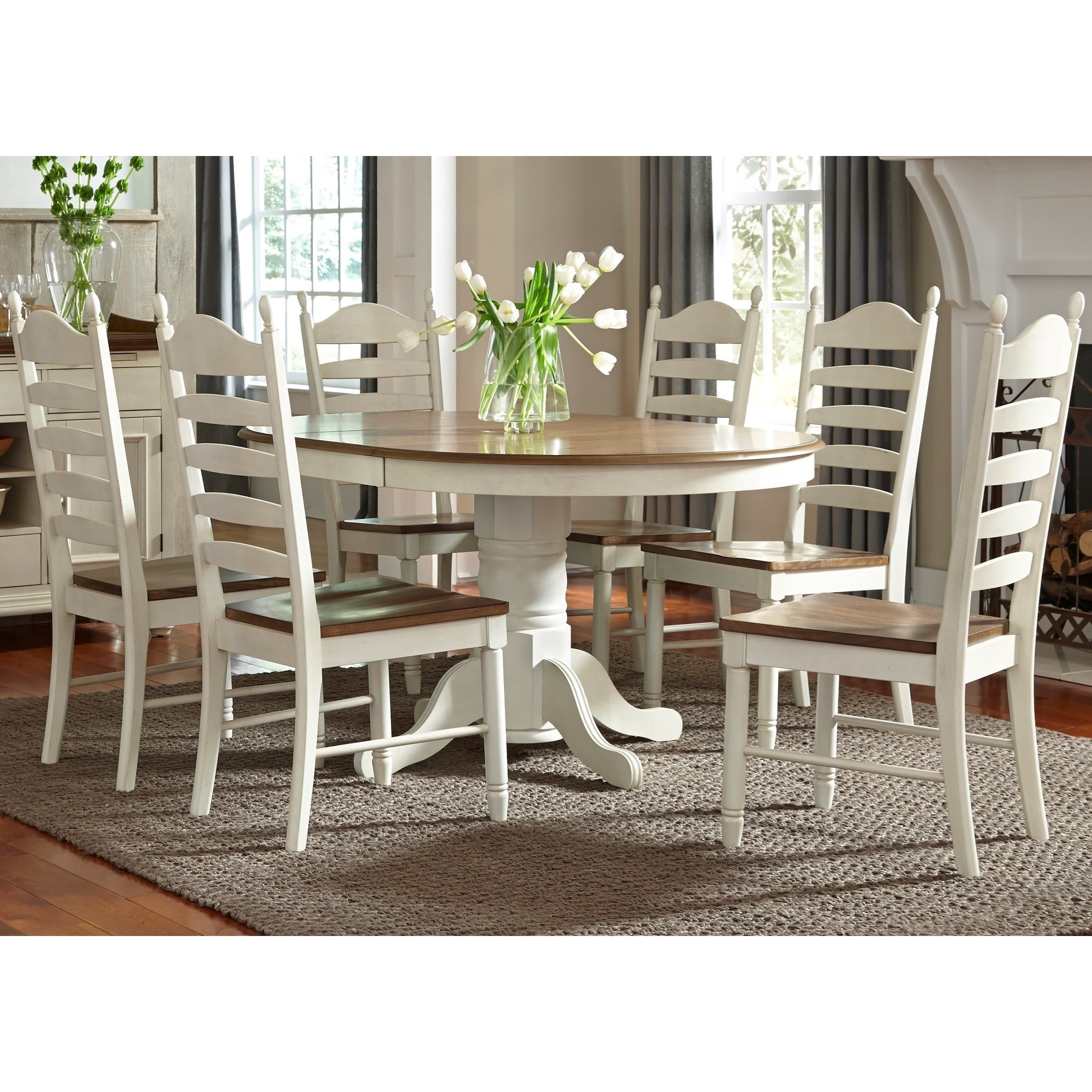 Farmhouse 7-Piece Pedestal Dining Set with Removable Leaf