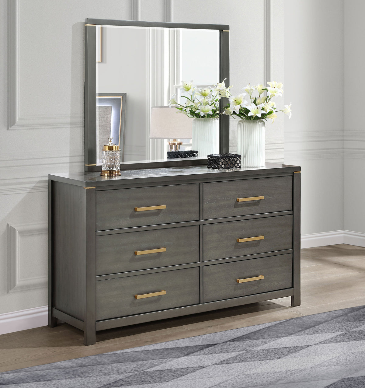 Kieran 6-drawer Bedroom Dresser with Mirror Grey