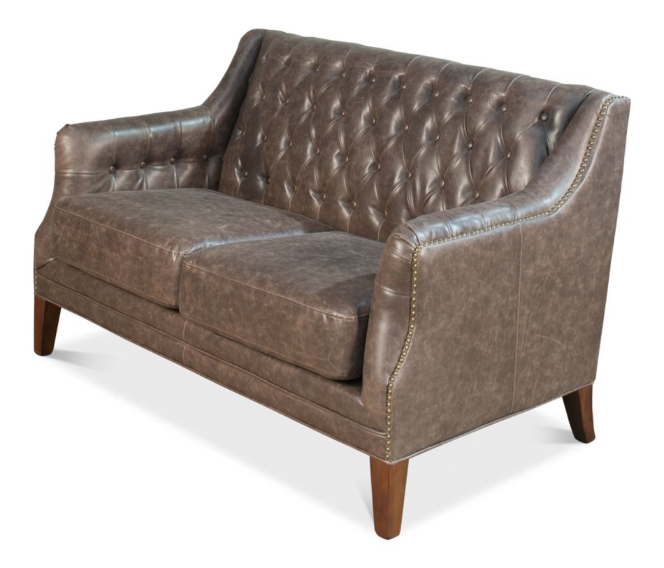 Sarreid Encore IHF Brooks Leather Tufted 2 Seat Sofa in Walnut 28927 CLEARANCE