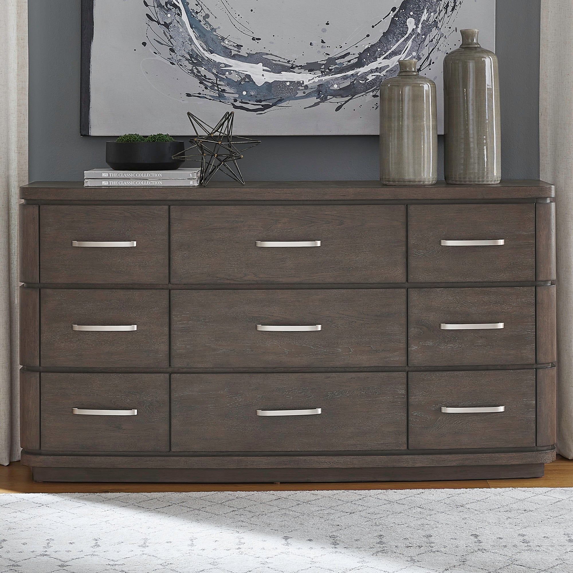 Contemporary 9-Drawer Dresser with Silver Handles