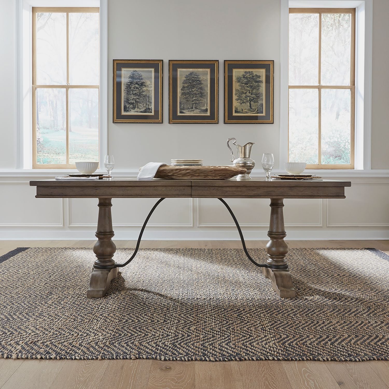 Transitional Rectangular Trestle Dining Table with Leaf Insert