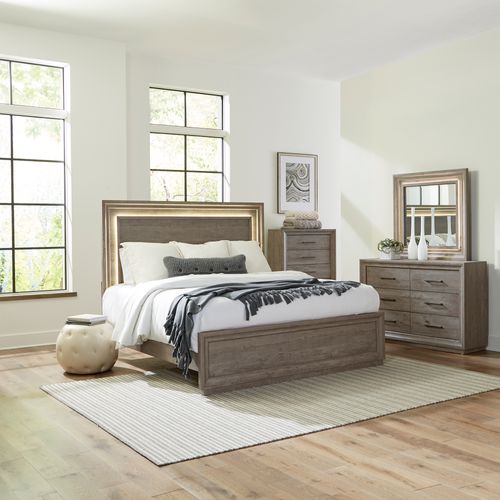 Contemporary Queen Panel Bed, Dresser & Mirror, Chest