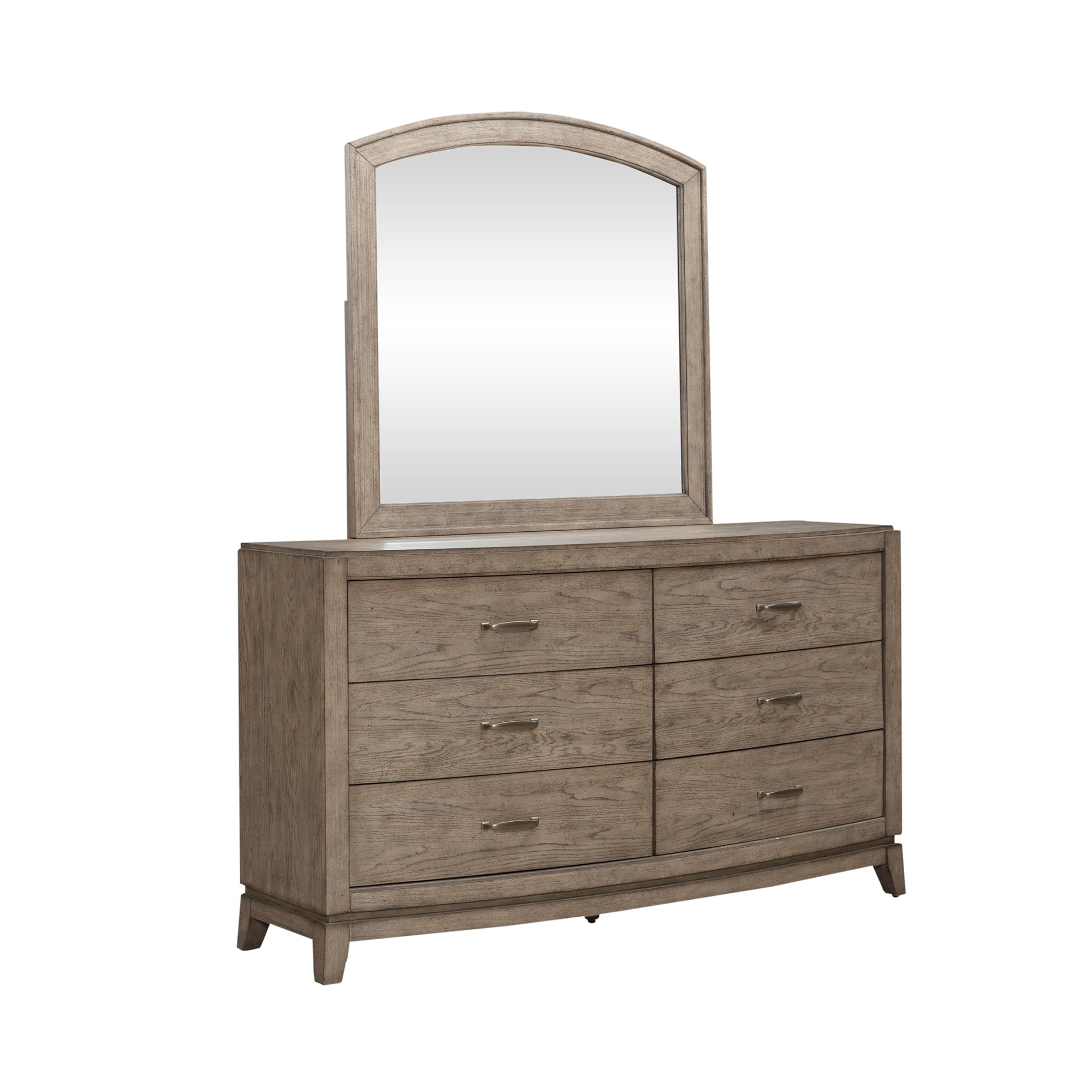 Transitional 6-Drawer Dresser and Arched Mirror with Felt-lined Top Drawers