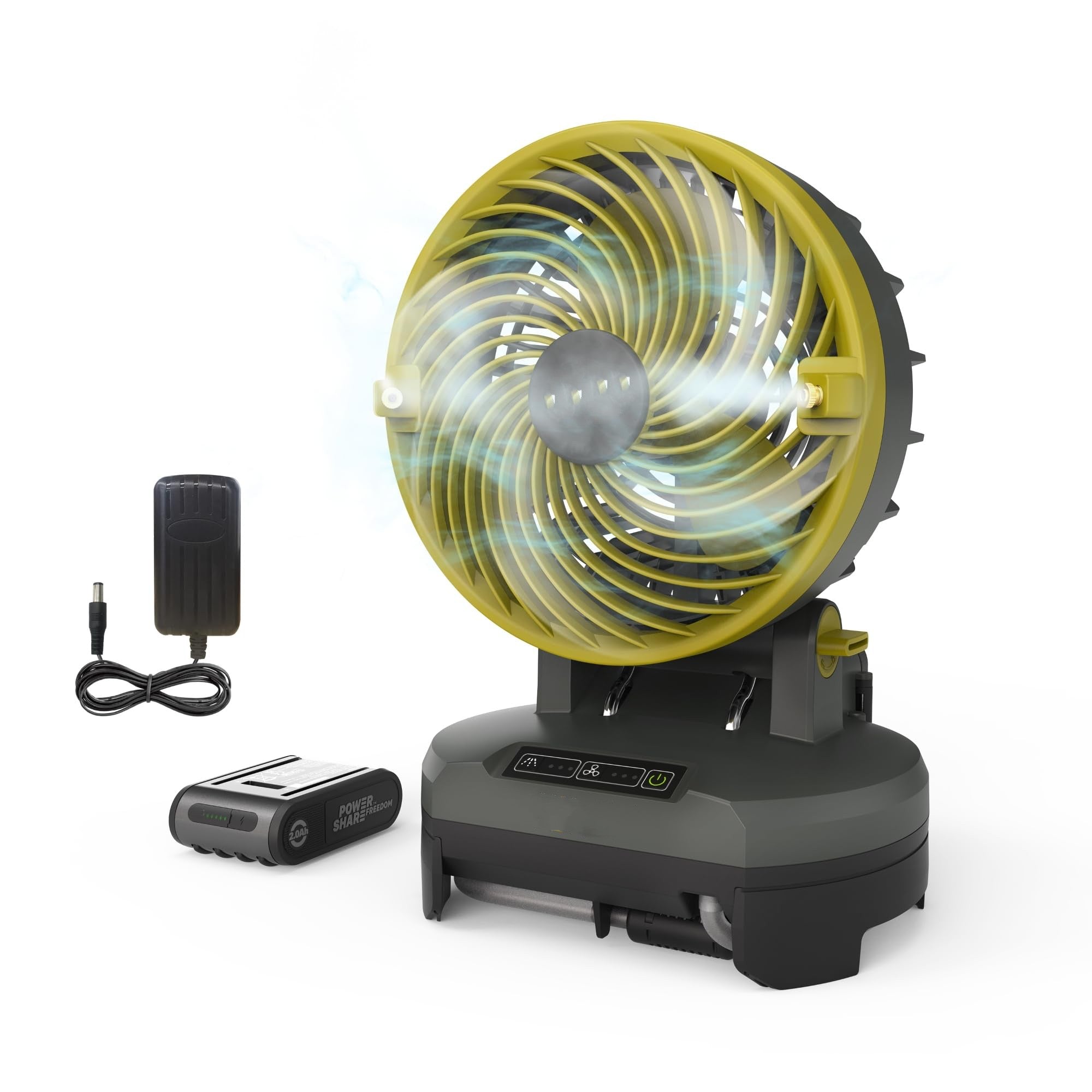 20V Portable Outdoor Misting Fan EX022, Battery Powered Fan with 3 Speed & 3 Mist Settings, Bucket Top Portable Fan for Outside Camping, Tailgating, Beach, Includes Replaceable 2.0 Ah Battery