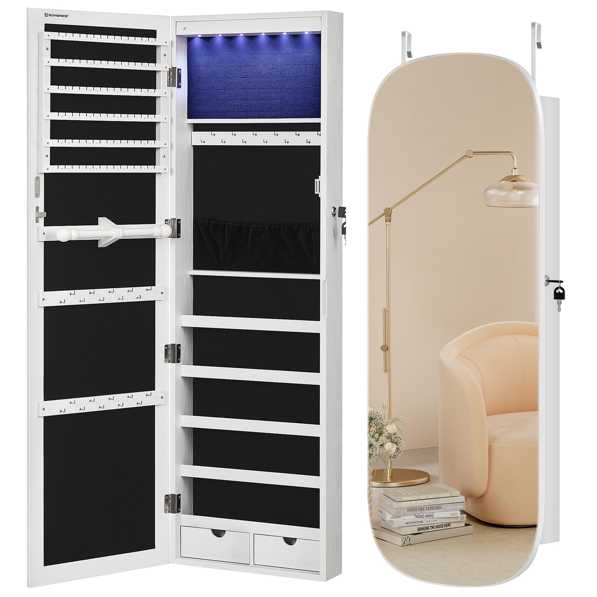 Jewelry Cabinet and Jewelry Organizer Bundle, Wall or Door Mounted Jewelry Armoire with Mirror