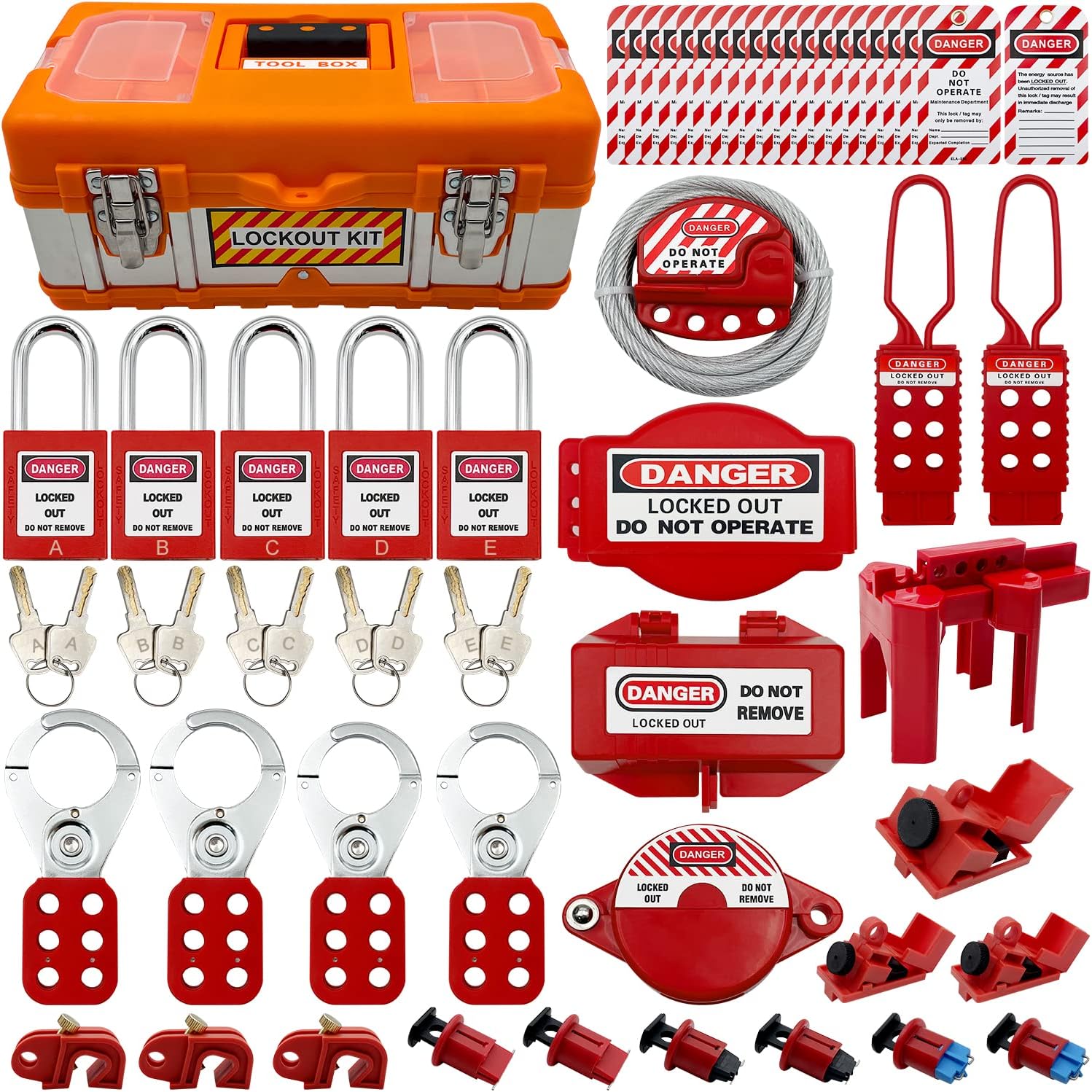 Lockout Tagout Kit Electrical Loto – Clamp-On Circuit Breaker Lockout, Group Lockout Hasps, Lockout Tag, Universal Multi- Pole Breaker for Kit Station (Box Orange Kit)