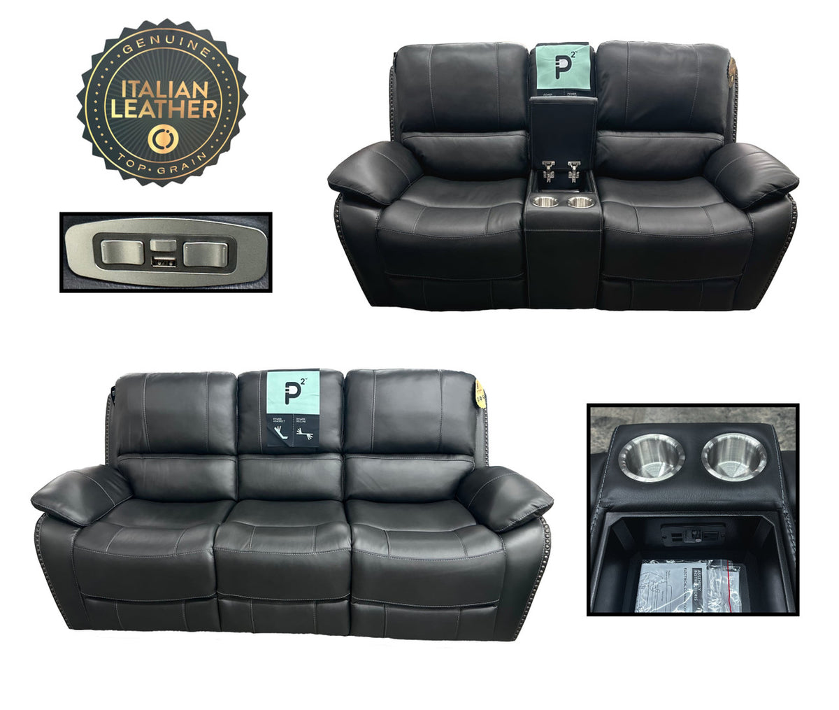 Fairmont Charcoal Power Reclining Leather Sofa and Loveseat Set