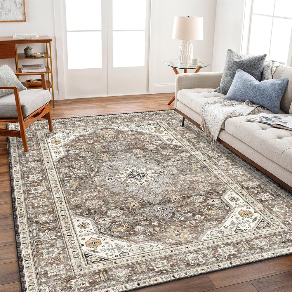 Washable Area Rug – Bedroom Living Room Large Indoor Rugs Soft Oriental Vintage Rugs Non-Slip Backing Stain Resistant