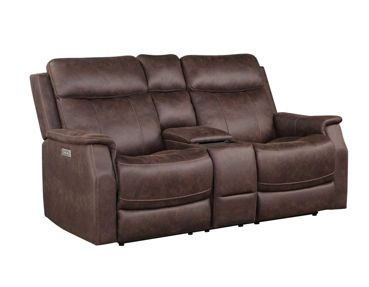 Steve Silver Valencia Dual Power Leatherette Reclining Console Loveseat in Walnut