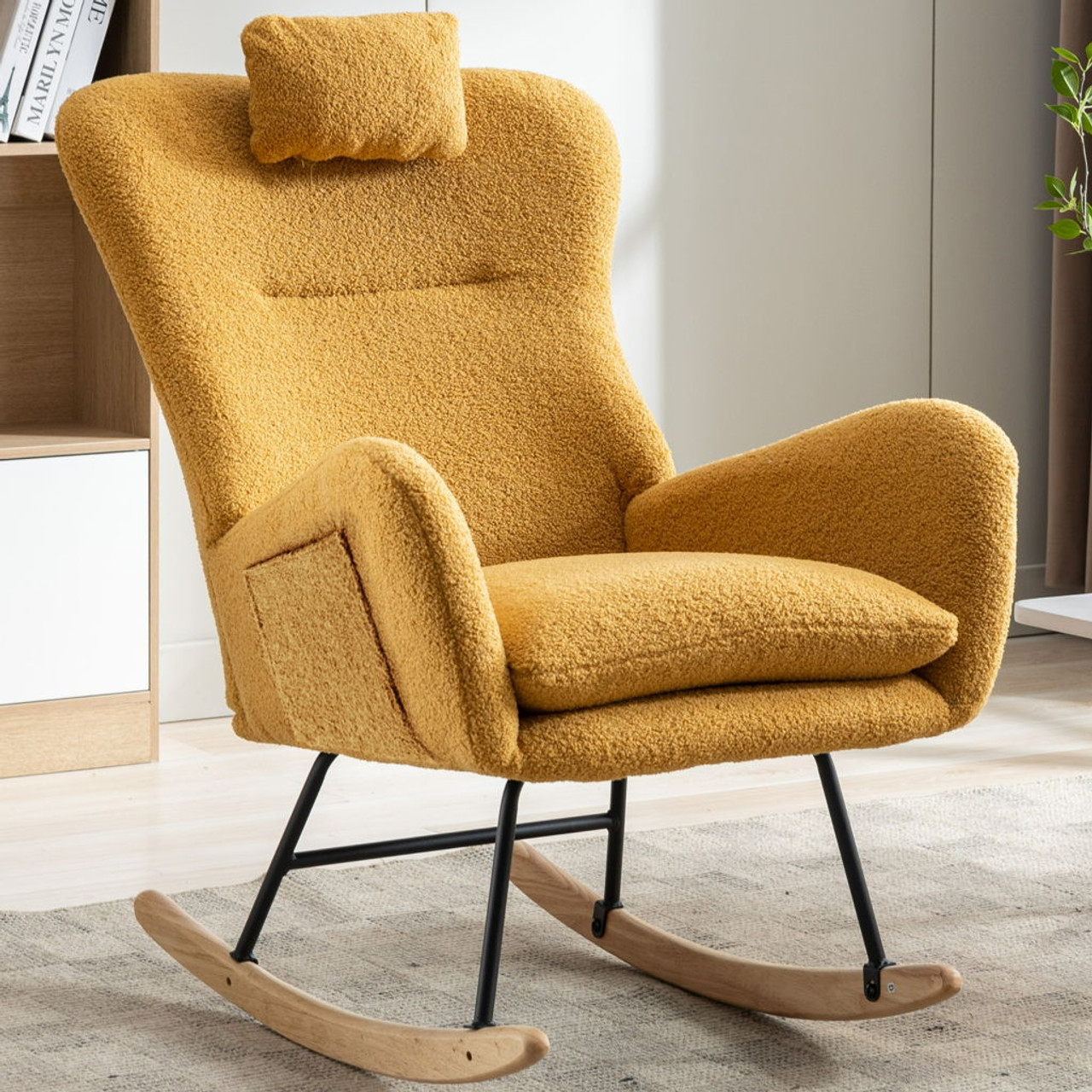 35.5″ Rocking Chair With Pocket, Soft Teddy Fabric Rocking Chair For Nursery, Comfy Wingback Glider Rocker With Safe Solid Wood Base For Living Room Bedroom Balcony – Turmeric