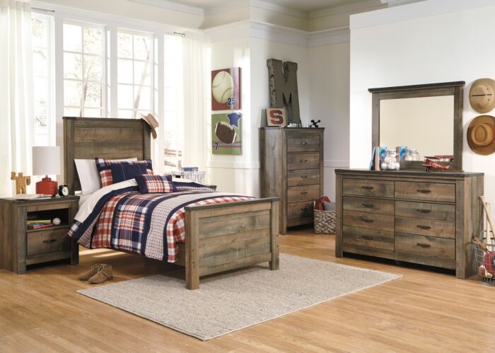 Trinell Brown Panel Twin Bed – Optional Storage or Platform