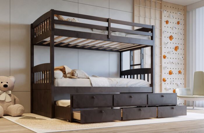 Espresso Twin over Twin Bunkbed  w/ Twin Trundle + 3 Drawers