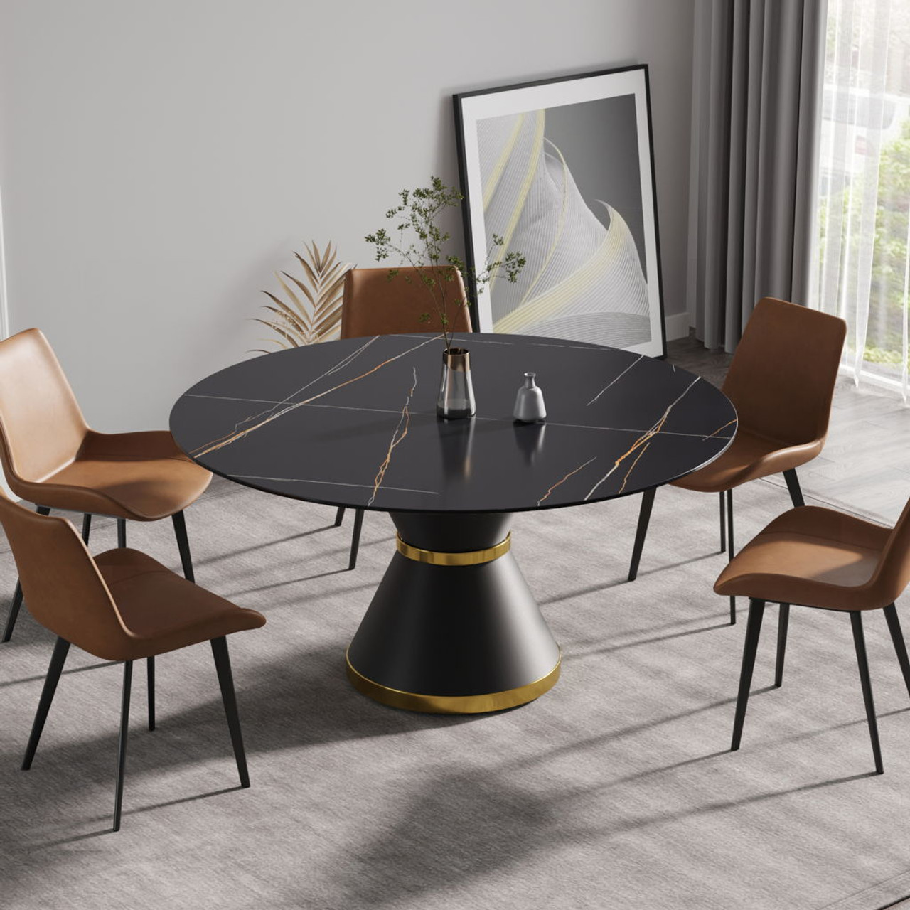 59.05″ Modern Artificial Stone Round Black Carbon Steel Base Dining Table, Can Accommodate 6 People – Black