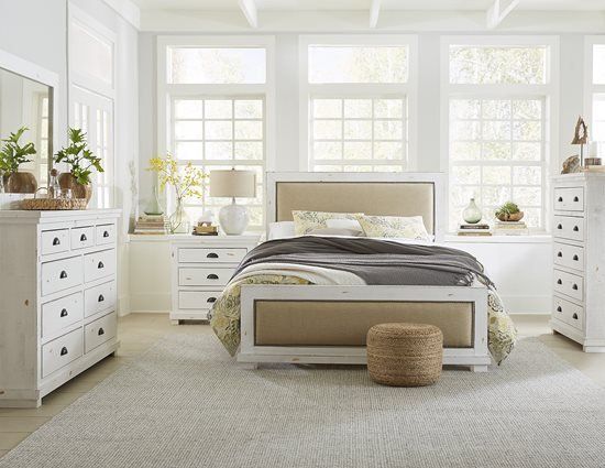 Progressive Furniture Willow 4pc Upholstered Bedroom Set in Distressed White  PROMO