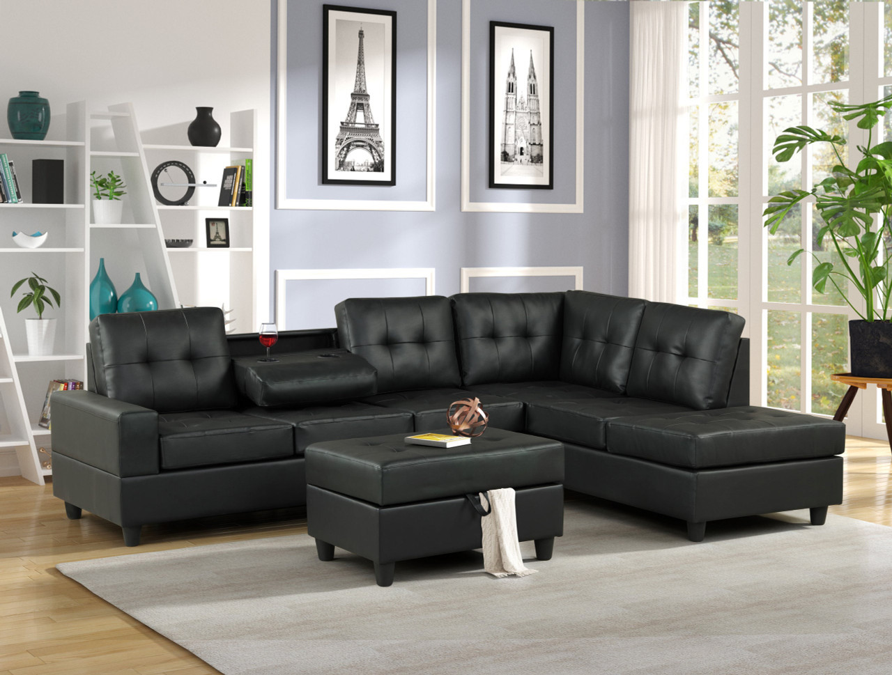 Heights L Shaped Sectional Black in Faux Leather with Ottoman