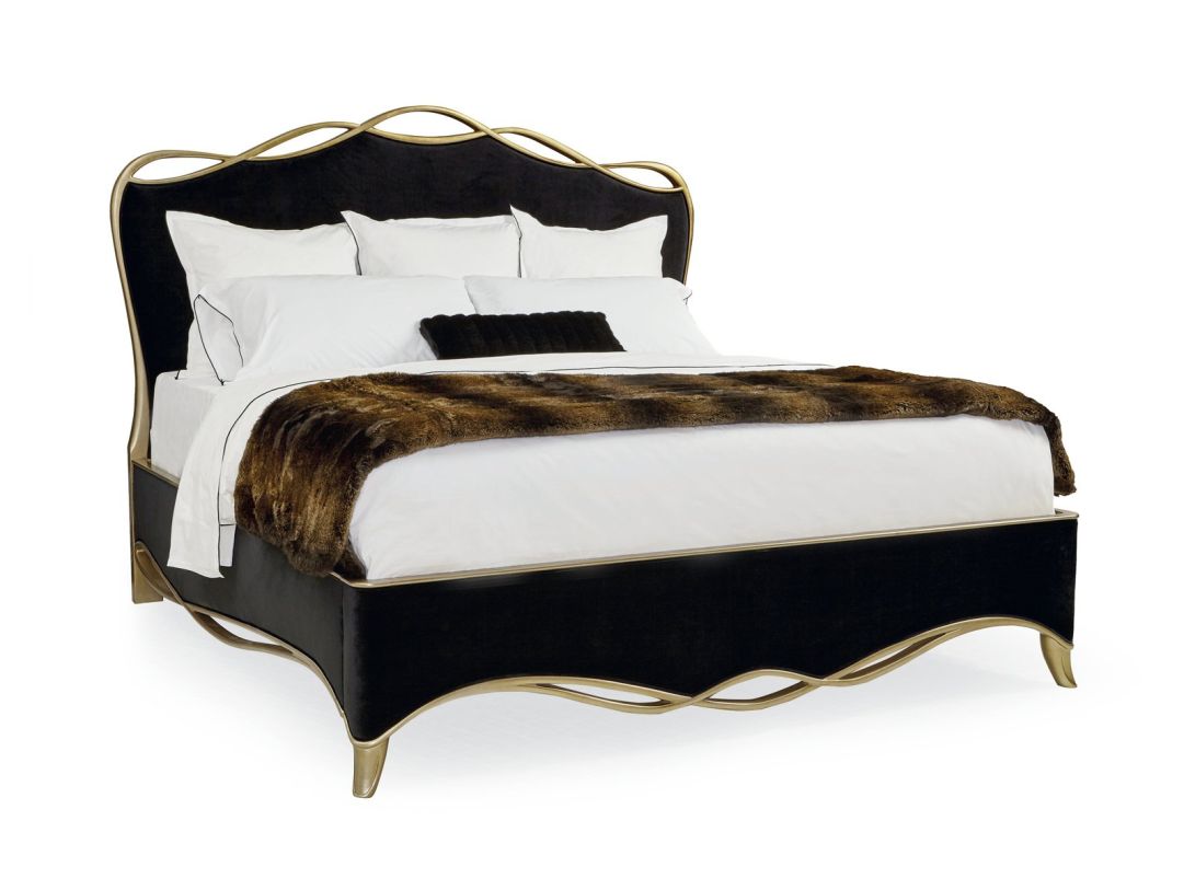 Caracole Furniture Signature Debut The King Ribbon Bed in Gold Bullion Leaf/Black Velvet SIG-416-123 CLOSEOUT PROMO DISC20JAN23  PROMO