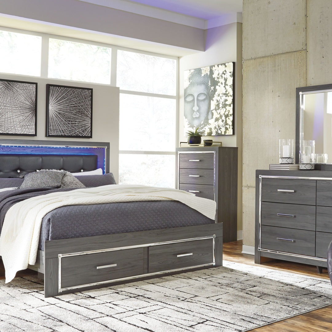 Ashley Lodanna – Gray – 9 Pc. – Dresser, Mirror, Chest, King Platform Bed With 2 Storage Drawers, 2 Nightstands