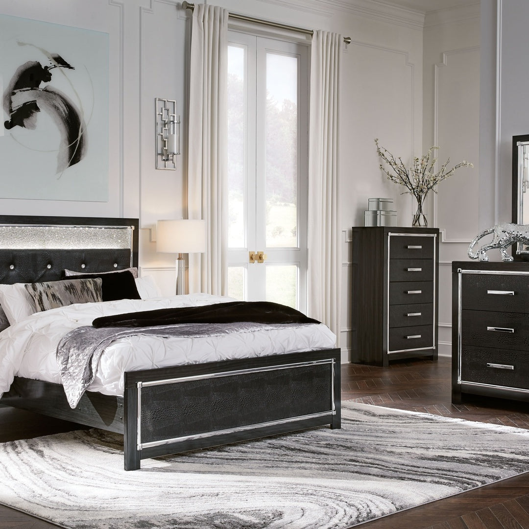 Ashley Kaydell – Black – 7 Pc. – Dresser, Mirror, Queen Upholstered Glitter Panel Bed, 2 Nightstands