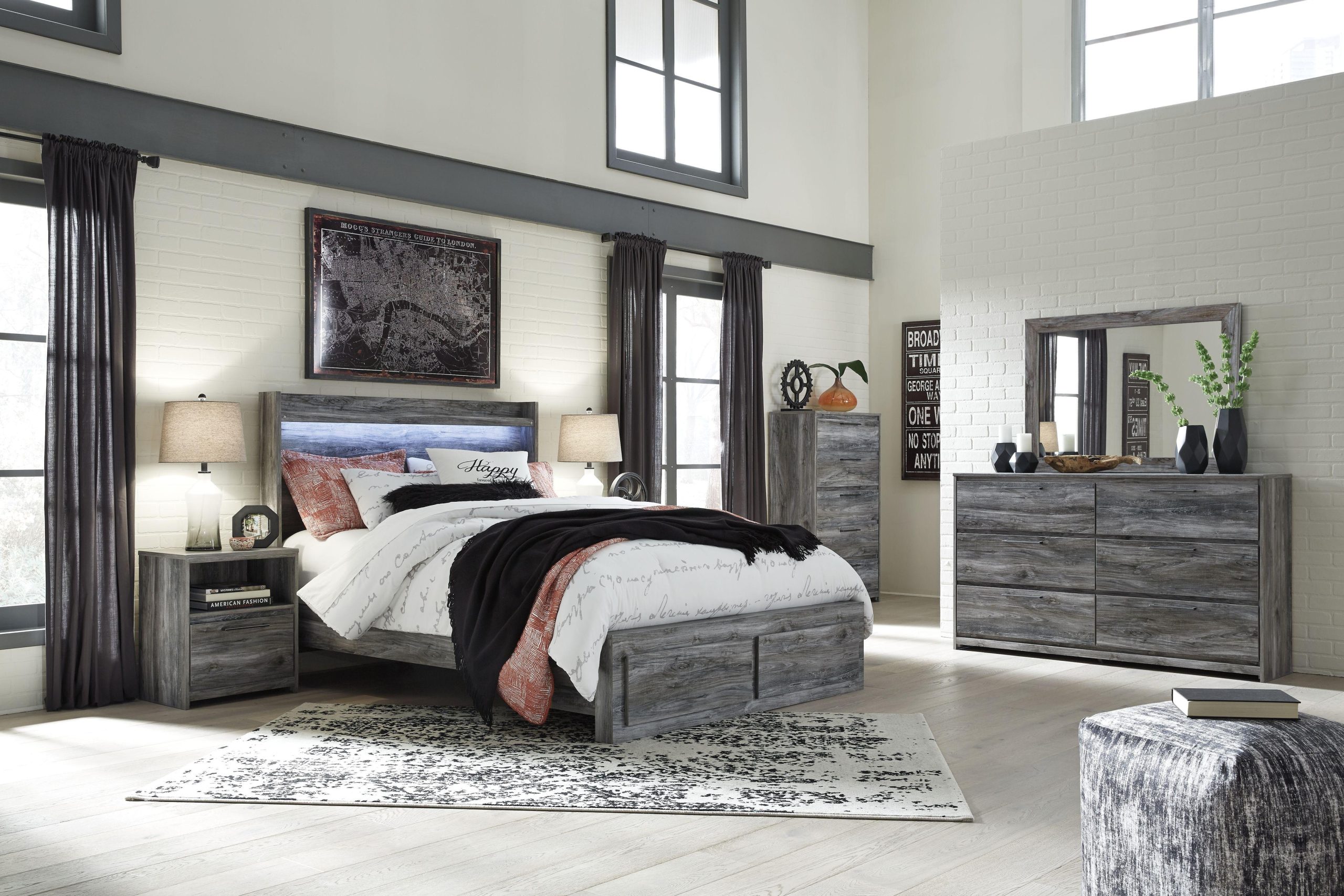 Ashley Baystorm – Gray – 9 Pc. – Dresser, Mirror, Chest, King Panel Bed With 2 Storage Drawers, 2 Nightstands