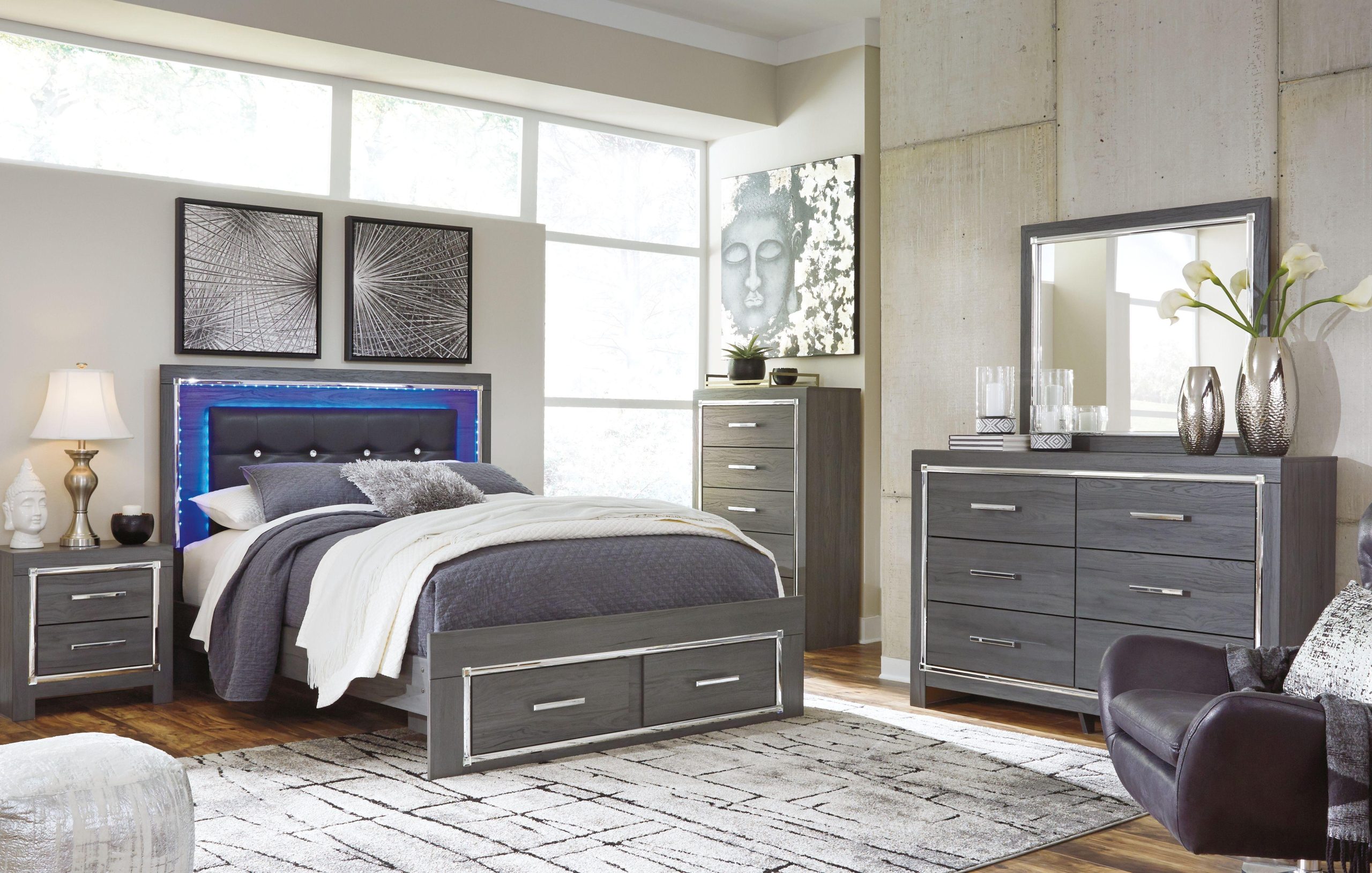 Ashley Lodanna – Gray – 6 Pc. – Dresser, Mirror, Queen Platform Bed With 2 Storage Drawers