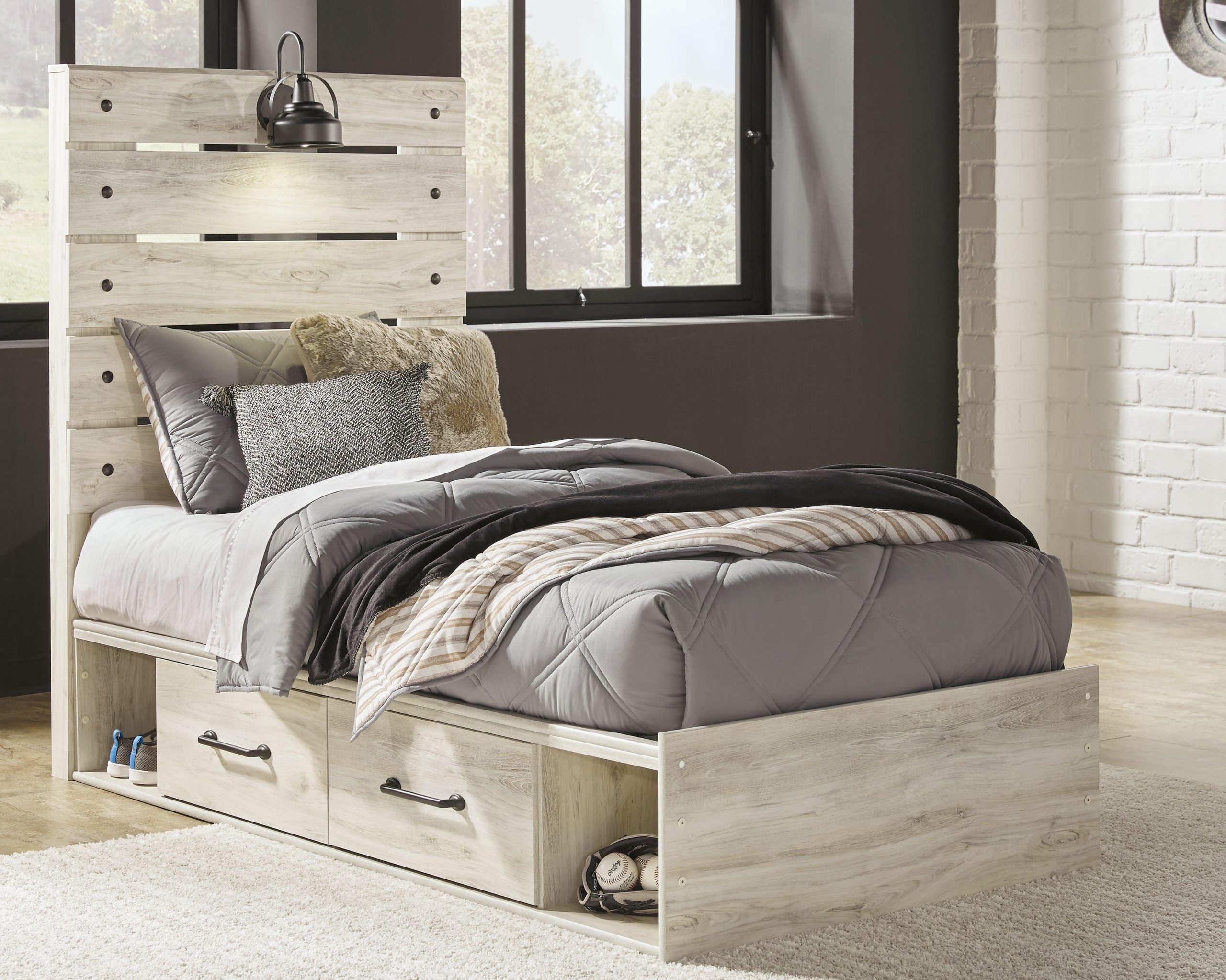 Ashley Cambeck – Whitewash – Twin Panel Bed With Side Storage Drawers