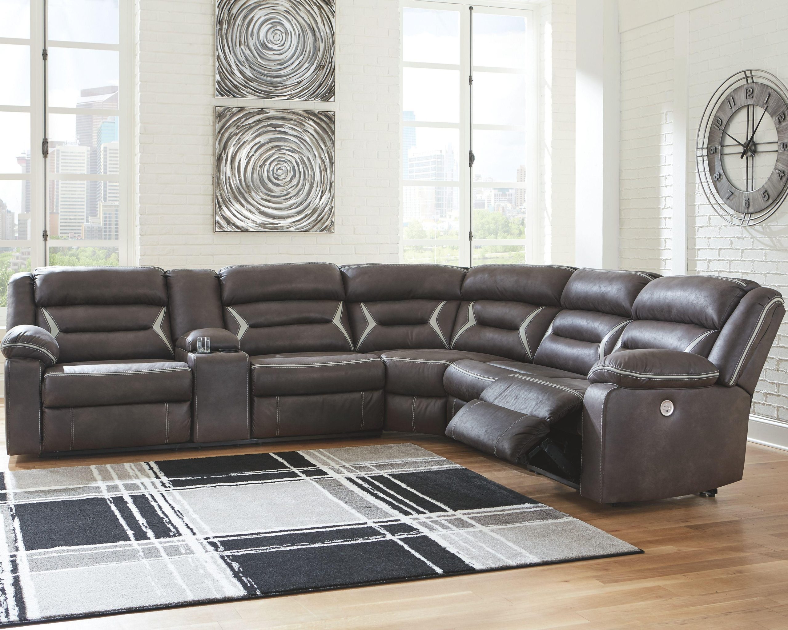 Ashley Kincord – Midnight – Left Arm Facing Power Sofa With Console 4 Pc Sectional