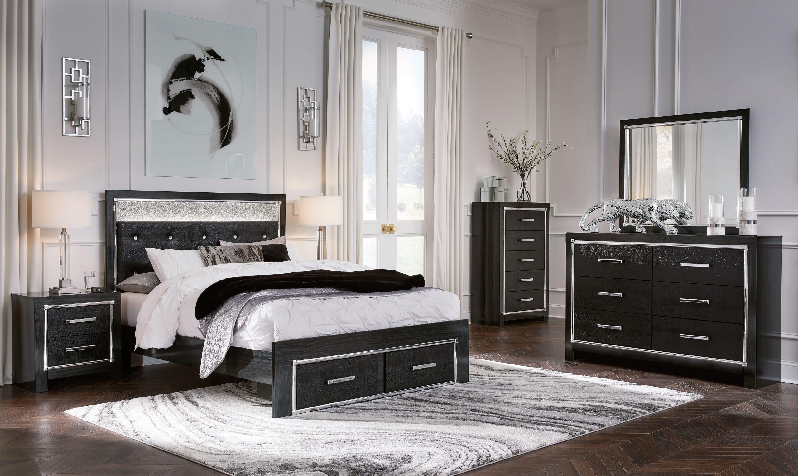 Ashley Kaydell – Black – Queen Uph Storage Bed – 6 Pc. – Dresser, Mirror, Queen Bed