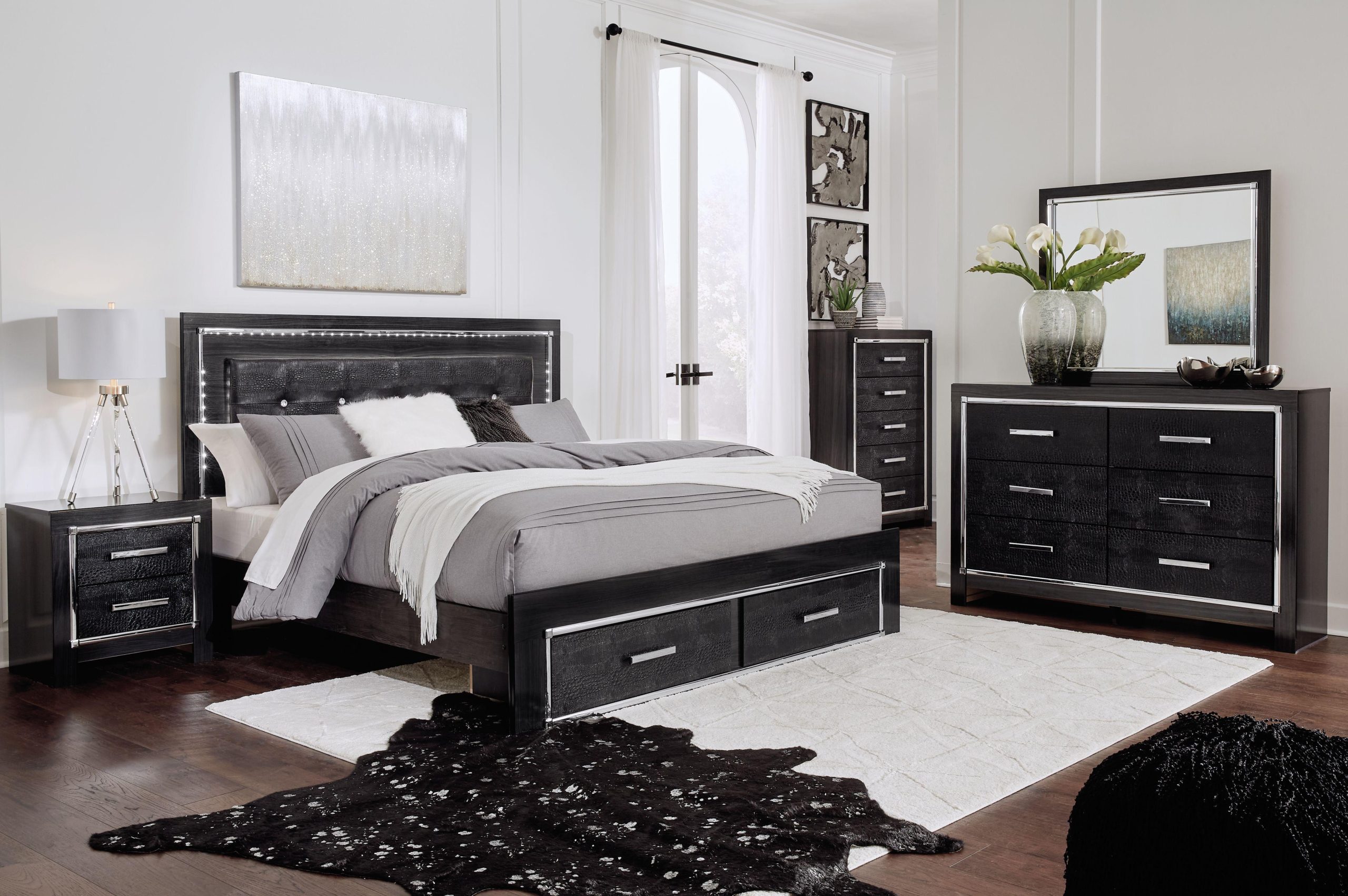 Ashley Kaydell – Black – 6 Pc. – Dresser, Mirror, King Upholstered Panel Bed With 2 Storage Drawers, Roll Slats