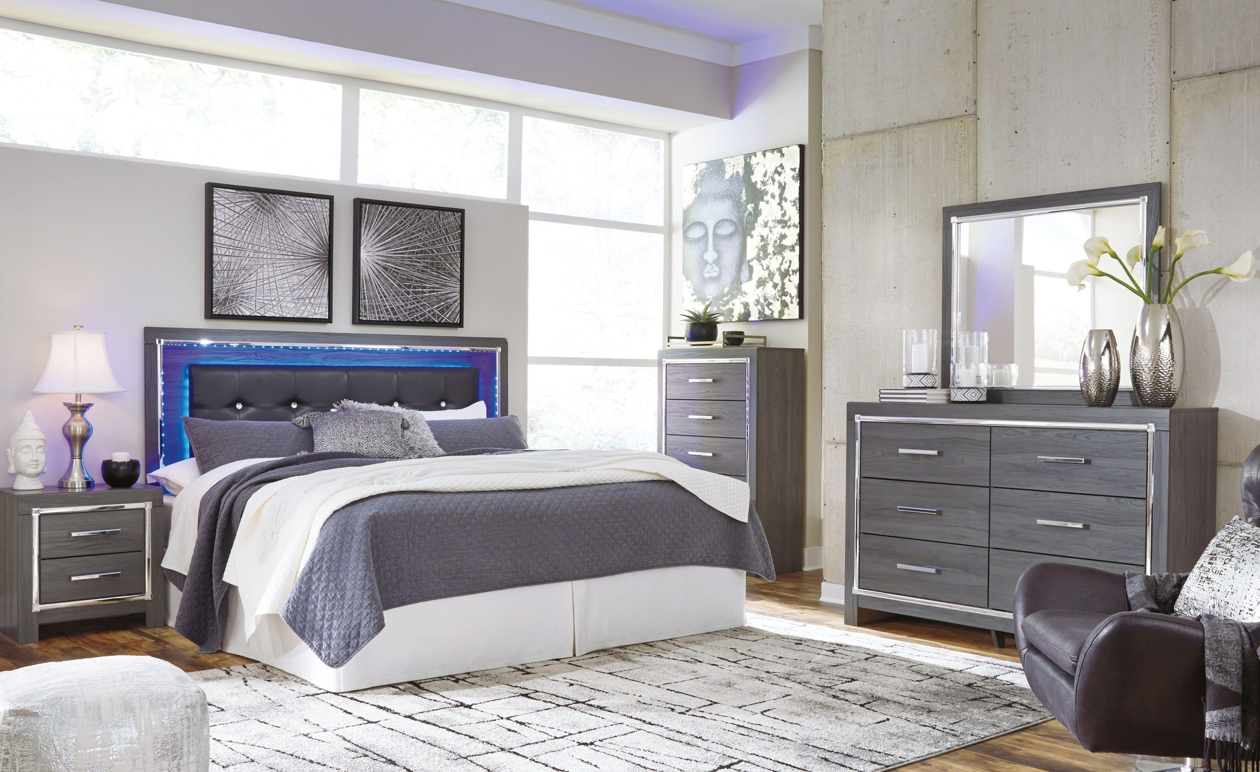 Ashley Lodanna – Gray – 5 Pc. – Dresser, Mirror, Chest, King Upholstered Panel Headboard With Bolt On Bed Frame