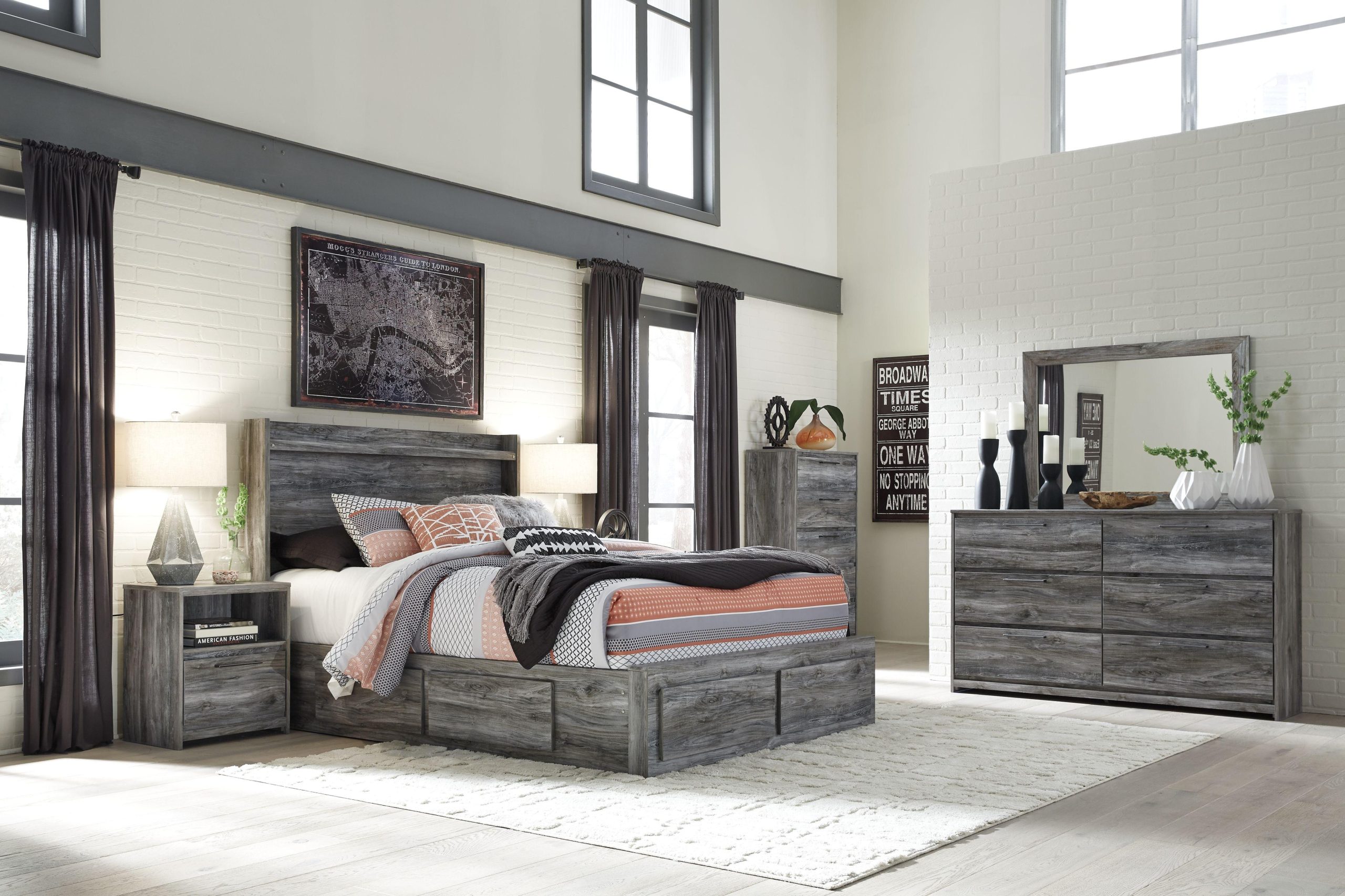 Ashley Baystorm – Gray – 6 Pc. – Dresser, Mirror, Queen Panel Bed With 4 Storage Drawers