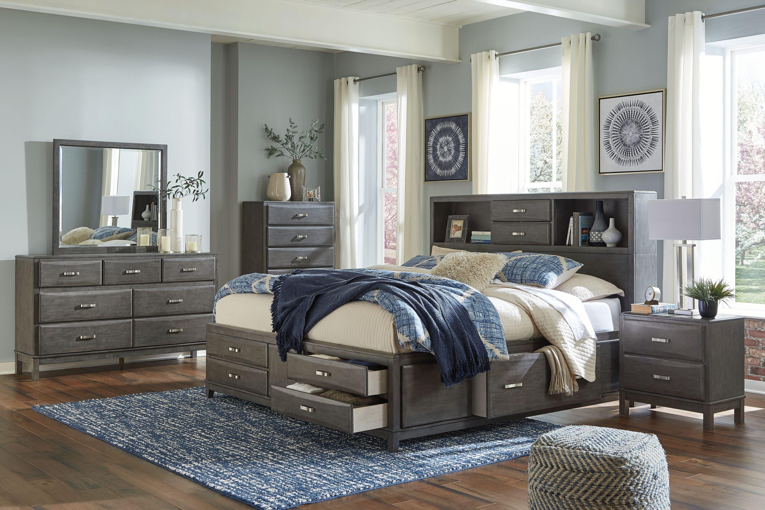 Ashley Caitbrook – Gray – 5 Pc. – Dresser, Mirror, Queen Storage Bed With 8 Drawers