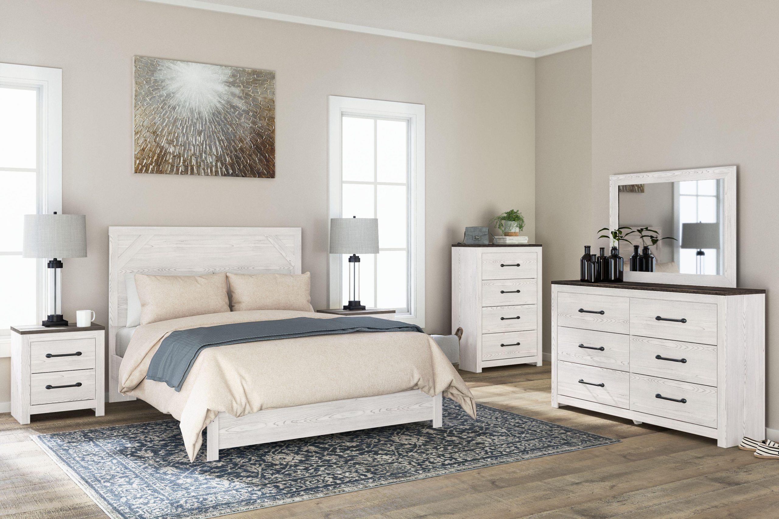 Ashley Gerridan – White / Gray – 5 Pc. – Dresser, Mirror, Chest, Queen Panel Bed