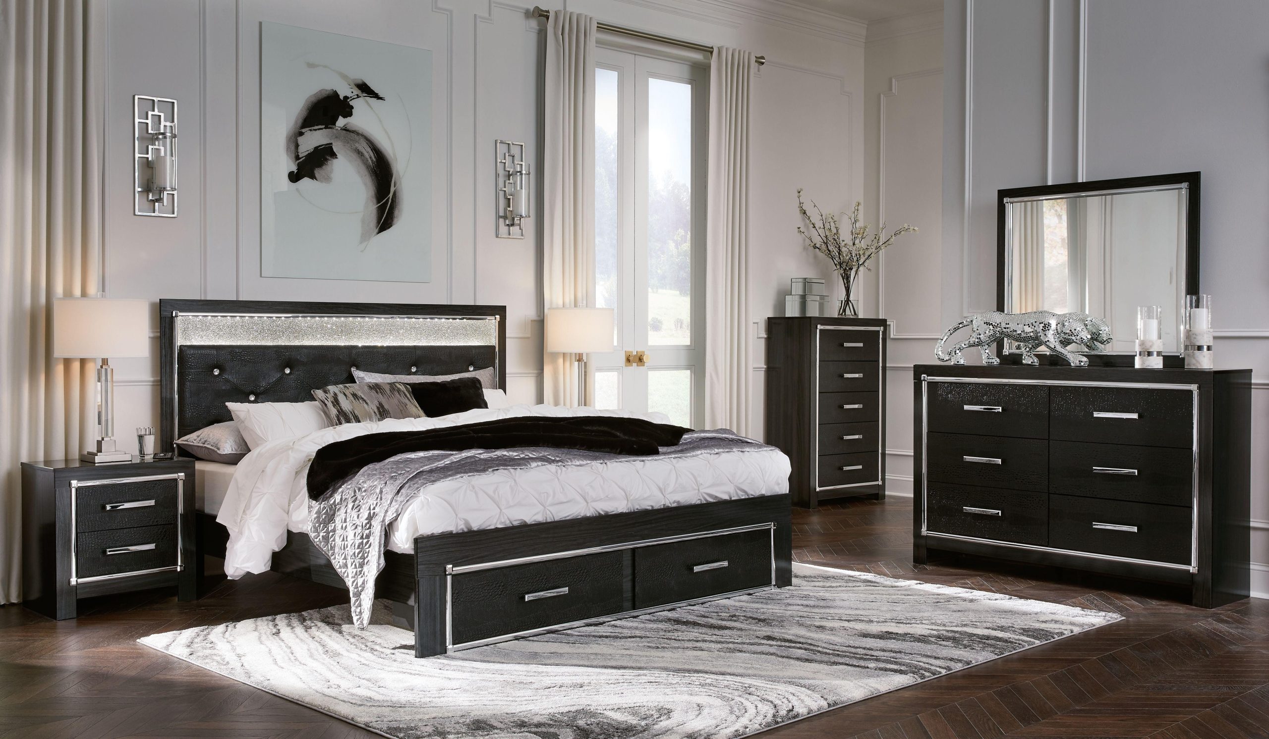 Ashley Kaydell – Black – 7 Pc. – Dresser, Mirror, King Upholstered Glitter Panel Storage Bed, 2 Nightstands